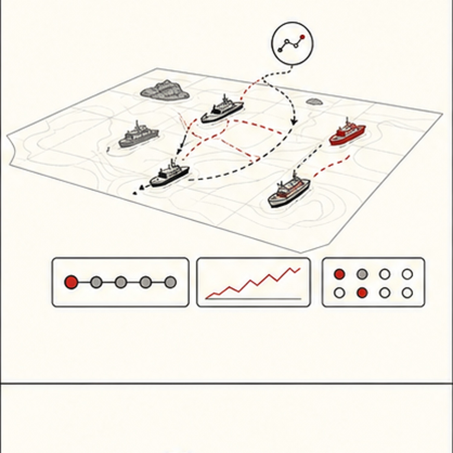 Generated simulation environment with vessels, ally enemy agents and command-conditioned policy paths