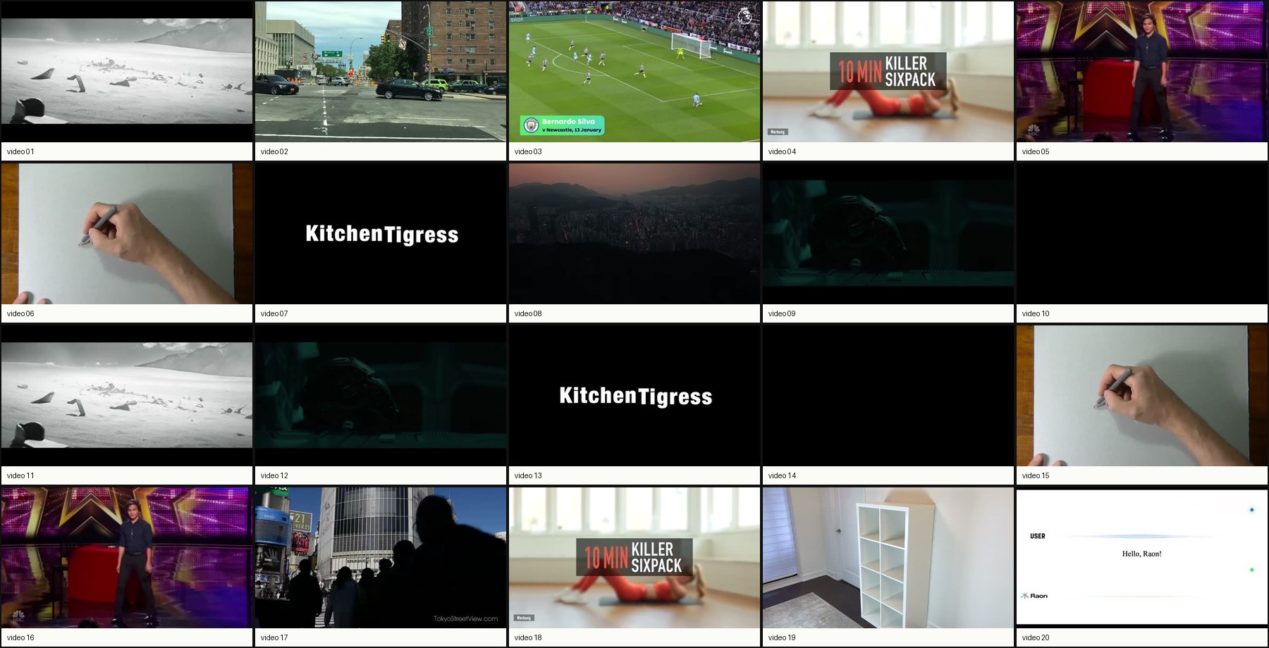 20 final test videos shown as a contact sheet